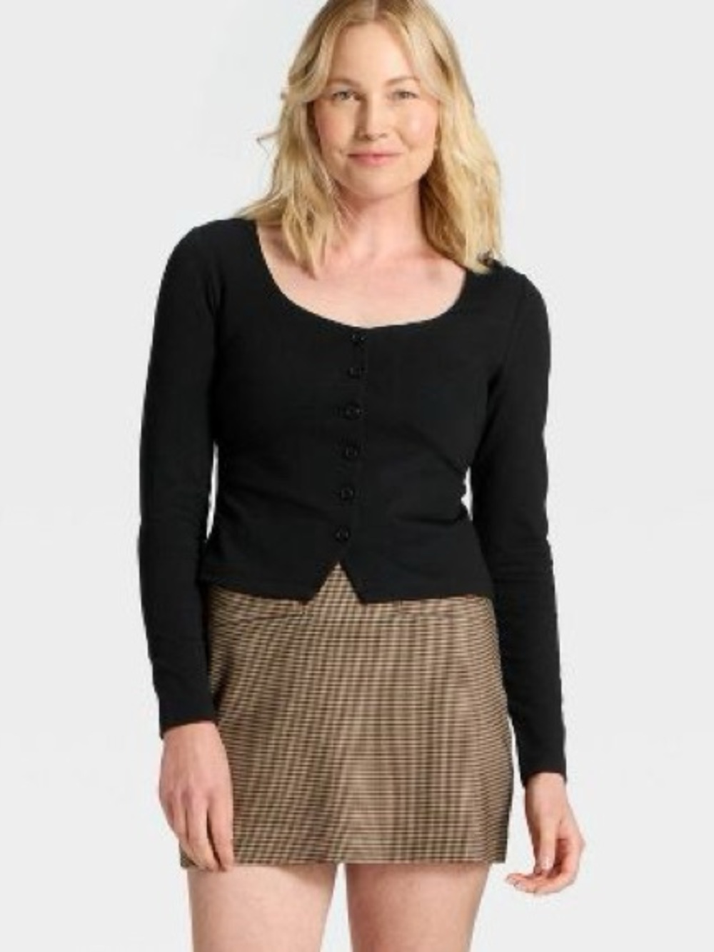 Structured Black Knit Ponte Button Front Long Sleeve Top S